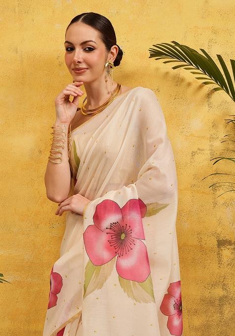 Beige Embroidered Cotton Blend Pre Stitched Saree