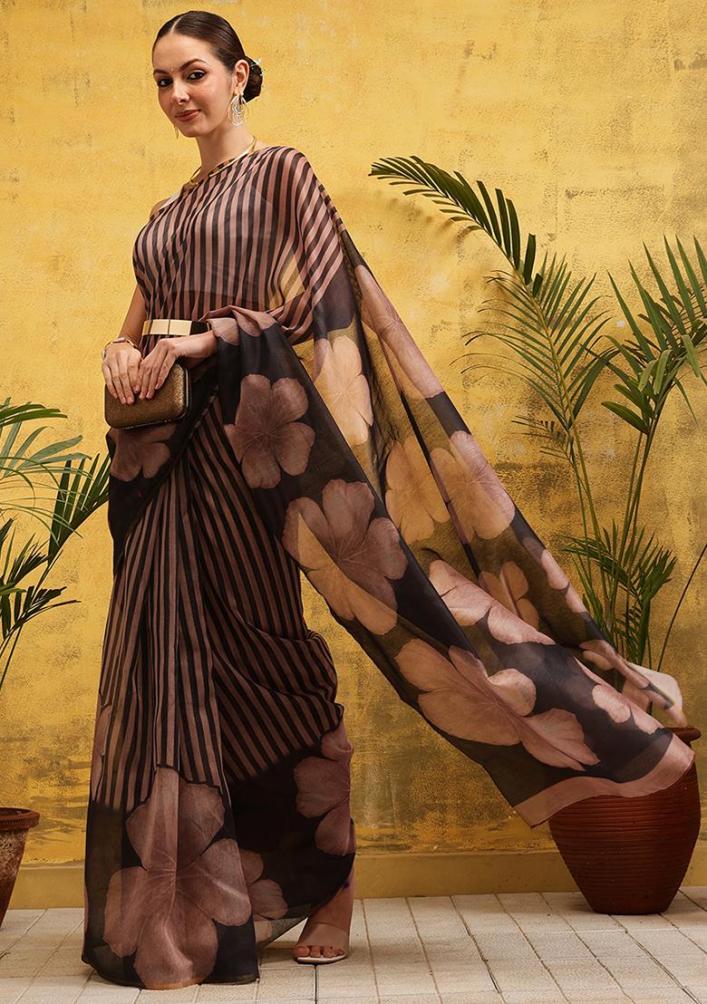 Brown Embroidered Cotton Blend Pre Stitched Saree