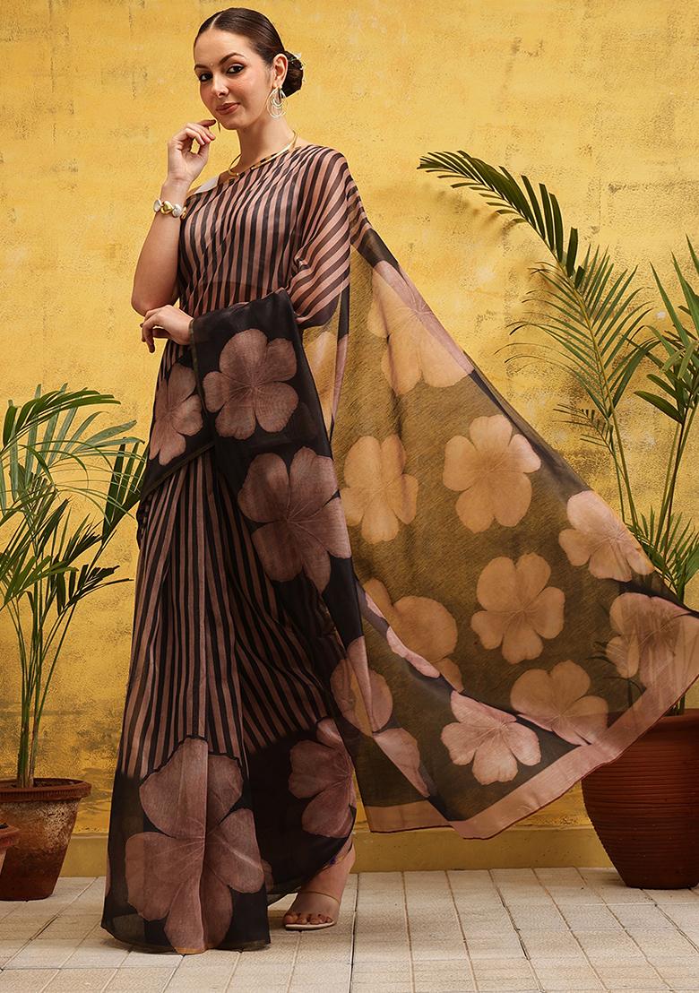 Brown Embroidered Cotton Blend Pre Stitched Saree