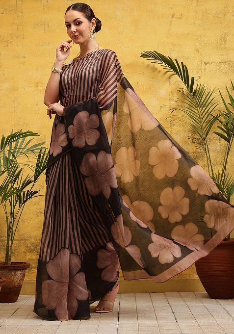 Brown Embroidered Cotton Blend Pre Stitched Saree