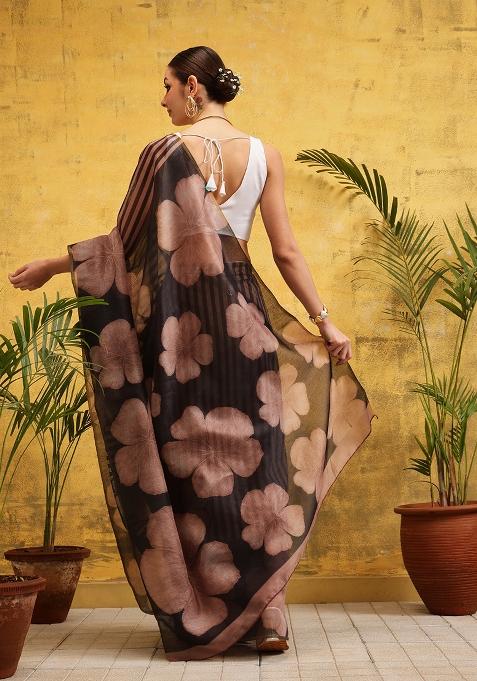 Brown Embroidered Cotton Blend Pre Stitched Saree