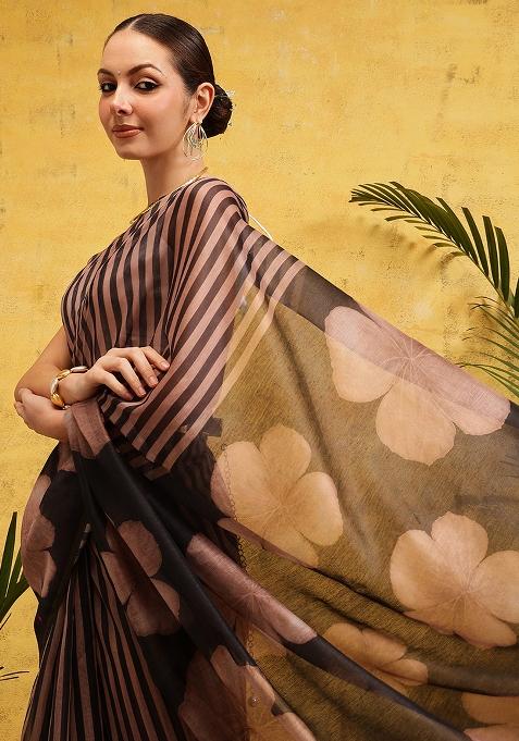 Brown Embroidered Cotton Blend Pre Stitched Saree