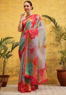 Grey Embroidered Cotton Blend Pre Stitched Saree