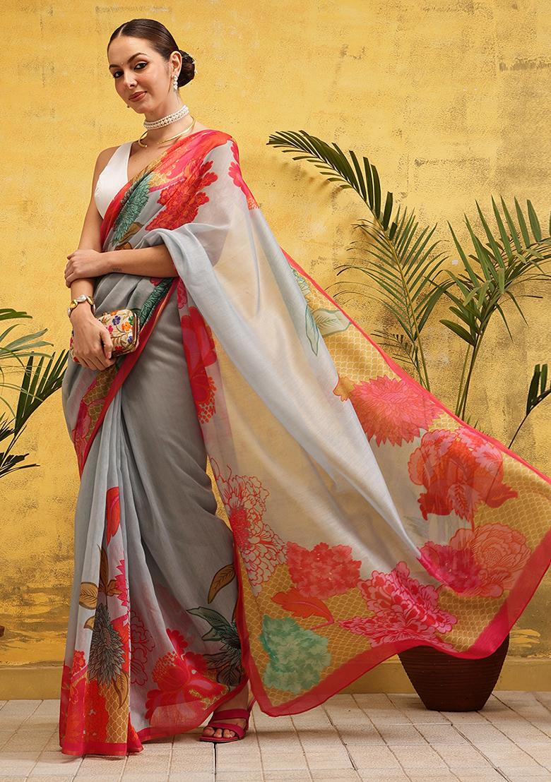 Grey Embroidered Cotton Blend Pre Stitched Saree