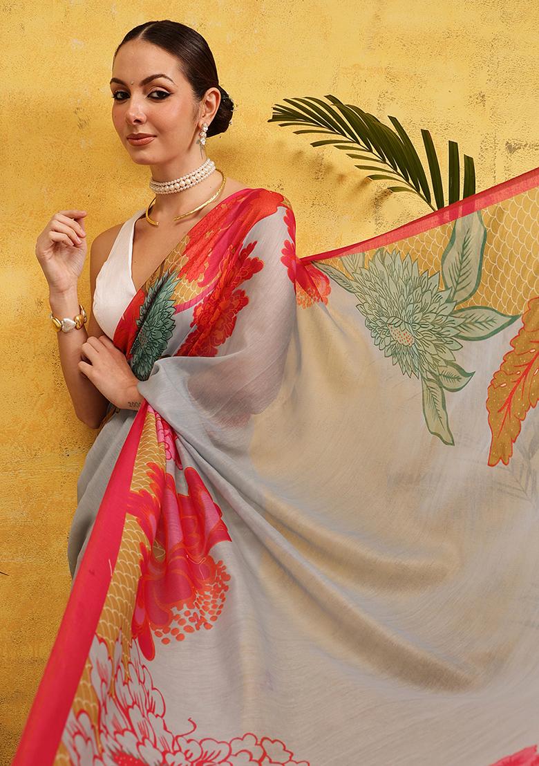 Grey Embroidered Cotton Blend Pre Stitched Saree