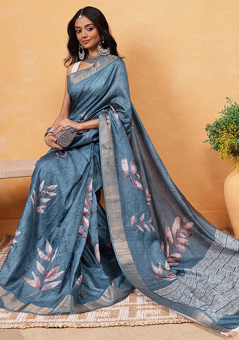 Teal Blue Embroidered Soft Silk Pre Stitched Saree