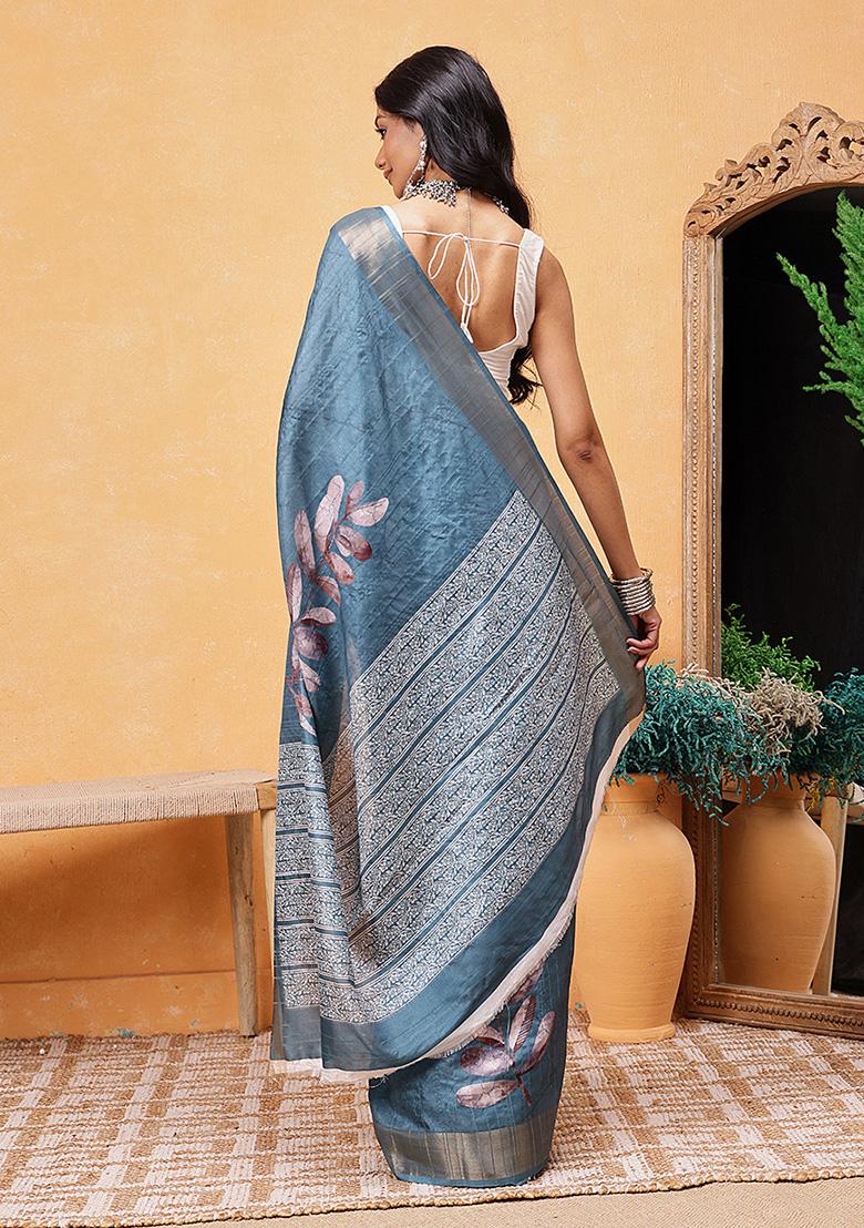 Teal Blue Embroidered Soft Silk Pre Stitched Saree