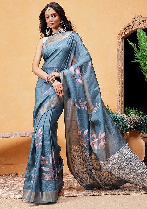 Teal Blue Embroidered Soft Silk Pre Stitched Saree