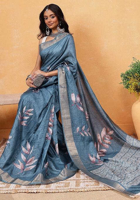 Teal Blue Embroidered Soft Silk Pre Stitched Saree