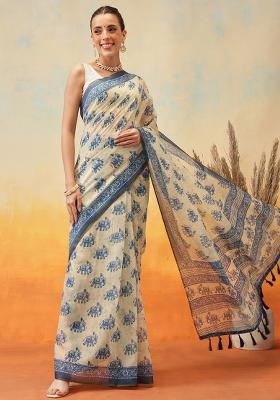 Blue Embroidered Cotton Blend Pre Stitched Saree