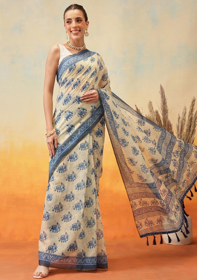 Blue Embroidered Cotton Blend Pre Stitched Saree