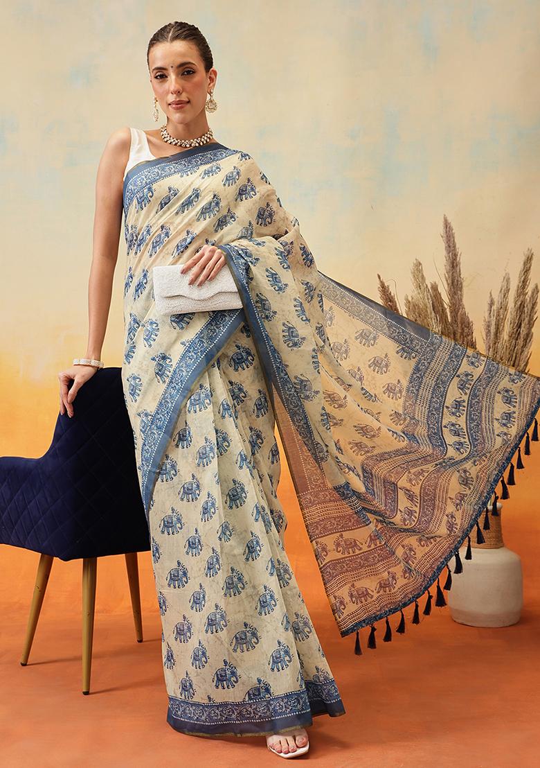 Blue Embroidered Cotton Blend Pre Stitched Saree