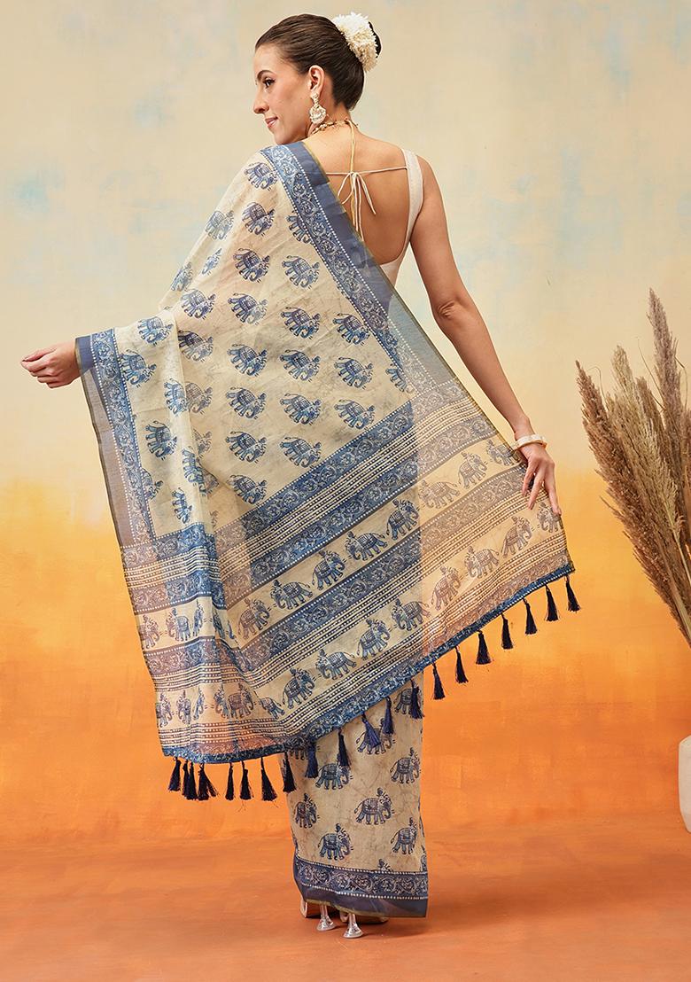 Blue Embroidered Cotton Blend Pre Stitched Saree