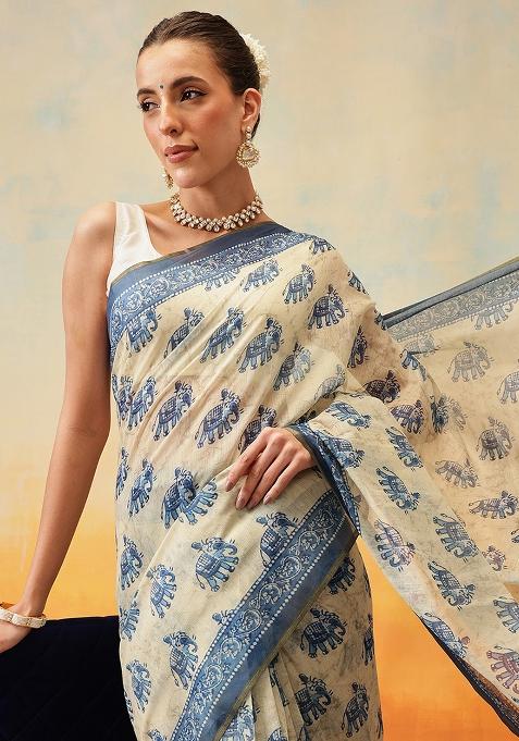 Blue Embroidered Cotton Blend Pre Stitched Saree