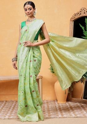 Green Embroidered Cotton Blend Pre Stitched Saree