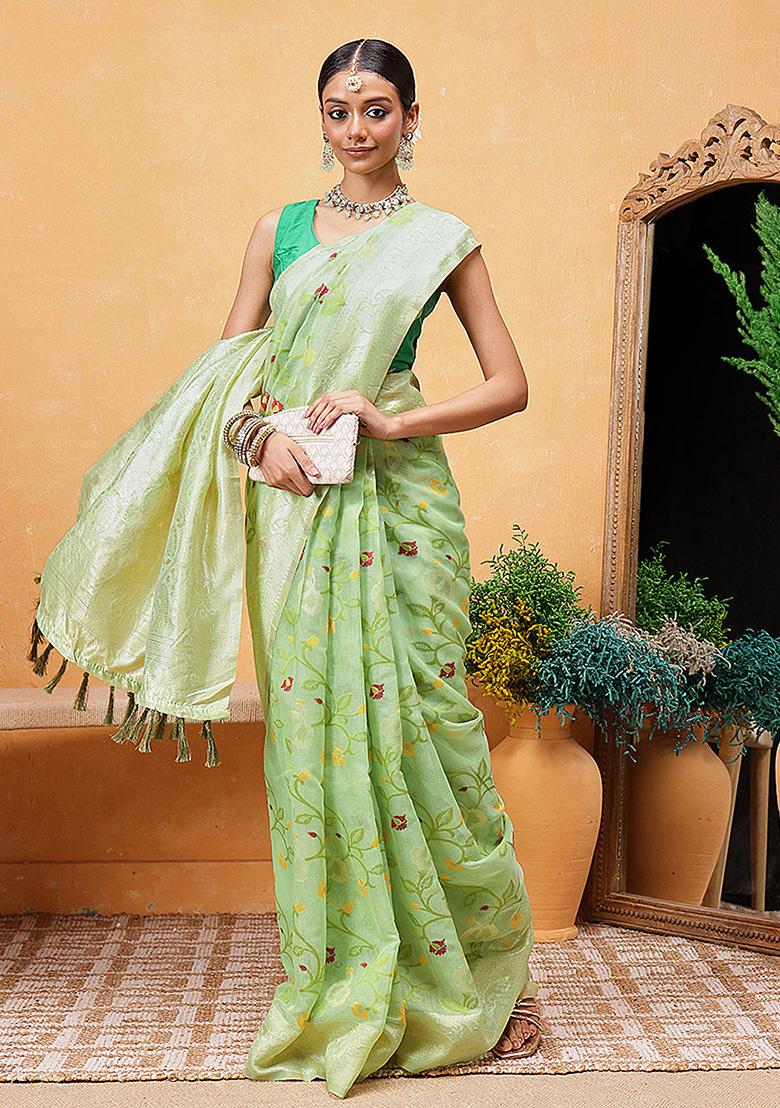 Green Embroidered Cotton Blend Pre Stitched Saree