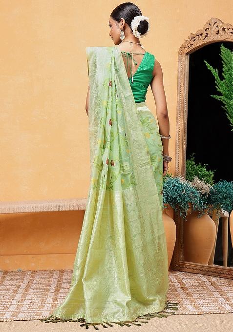 Green Embroidered Cotton Blend Pre Stitched Saree