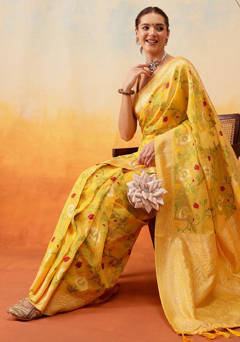 Yellow Embroidered Cotton Blend Pre Stitched Saree