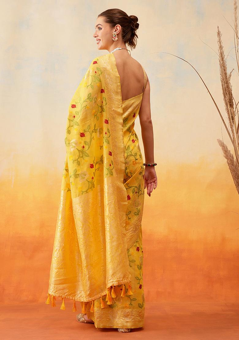 Yellow Embroidered Cotton Blend Pre Stitched Saree