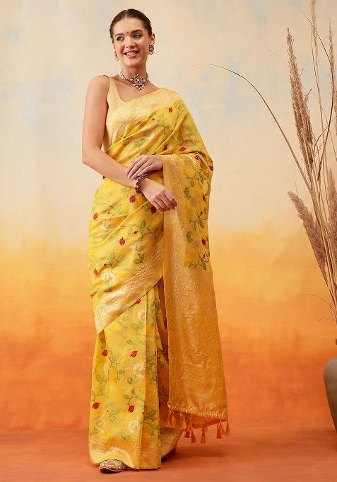Yellow Embroidered Cotton Blend Pre Stitched Saree
