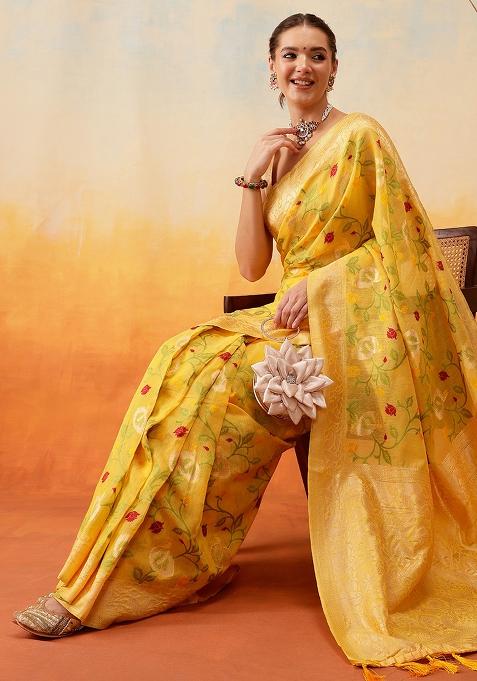 Yellow Embroidered Cotton Blend Pre Stitched Saree
