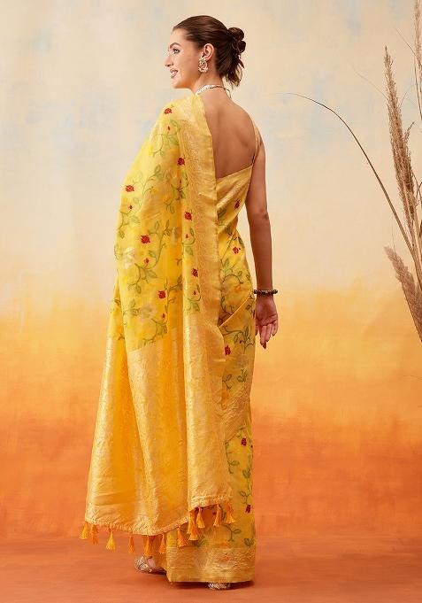 Yellow Embroidered Cotton Blend Pre Stitched Saree
