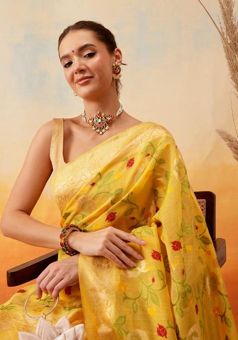 Yellow Embroidered Cotton Blend Pre Stitched Saree