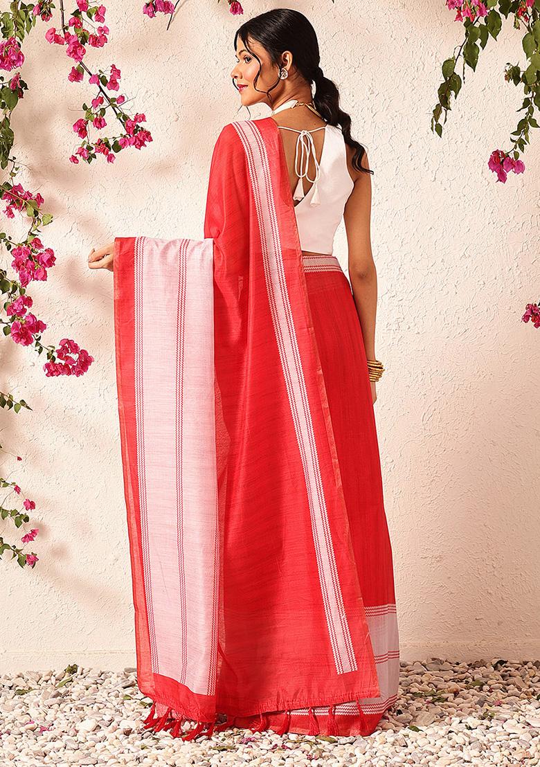 Red Embroidered Cotton Blend Pre Stitched Saree