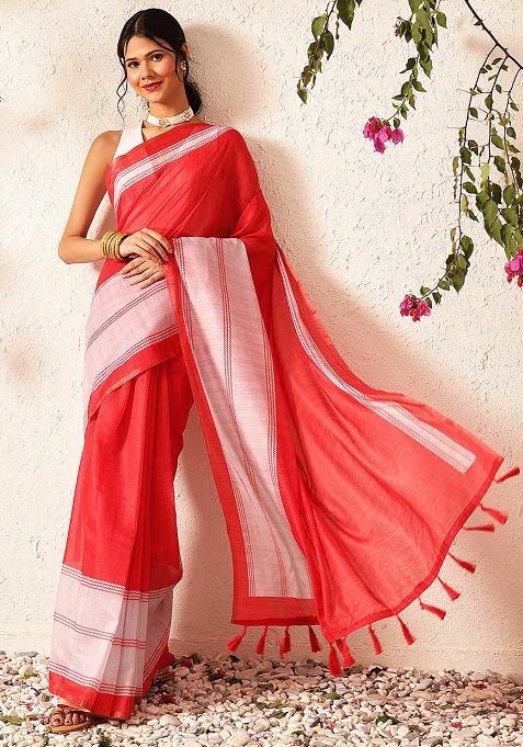 Red Embroidered Cotton Blend Pre Stitched Saree