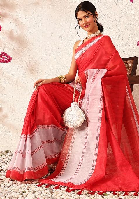 Red Embroidered Cotton Blend Pre Stitched Saree