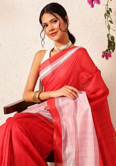 Red Embroidered Cotton Blend Pre Stitched Saree
