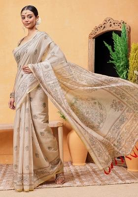 Beige Embroidered Cotton Blend Pre Stitched Saree