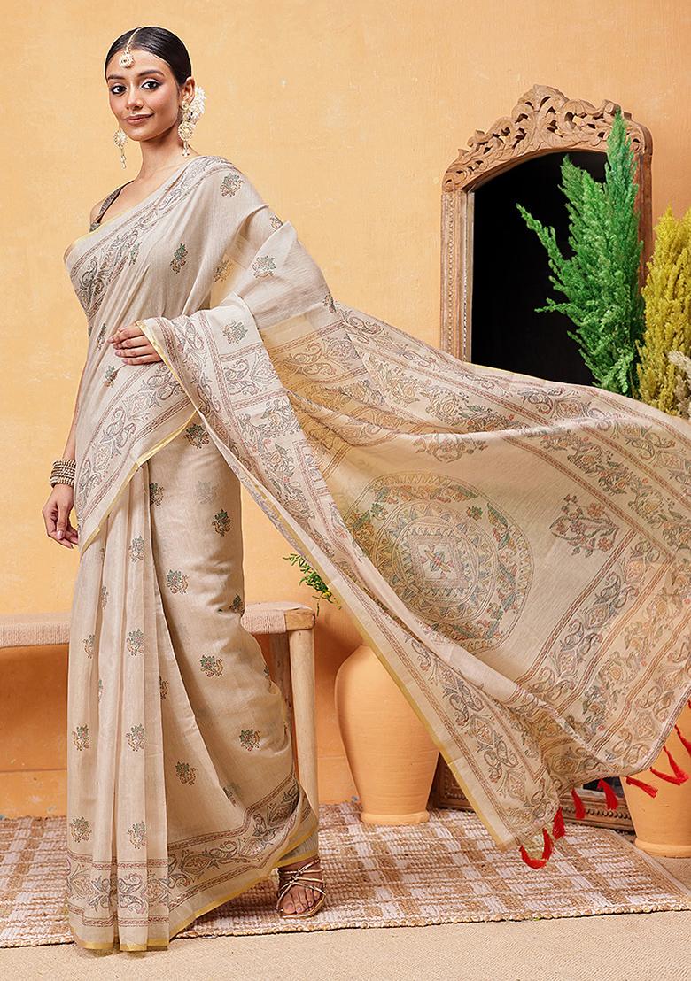 Beige Embroidered Cotton Blend Pre Stitched Saree