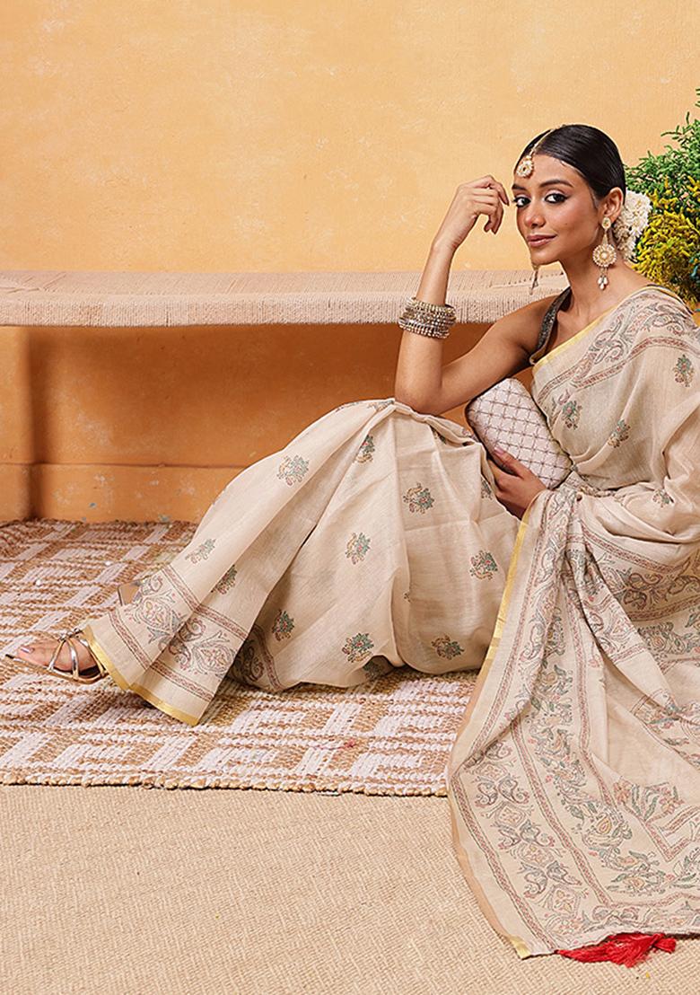 Beige Embroidered Cotton Blend Pre Stitched Saree