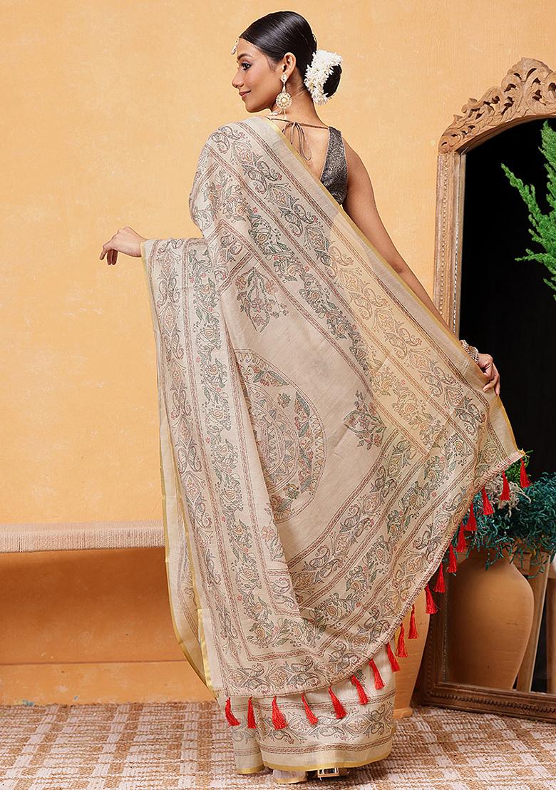 Beige Embroidered Cotton Blend Pre Stitched Saree
