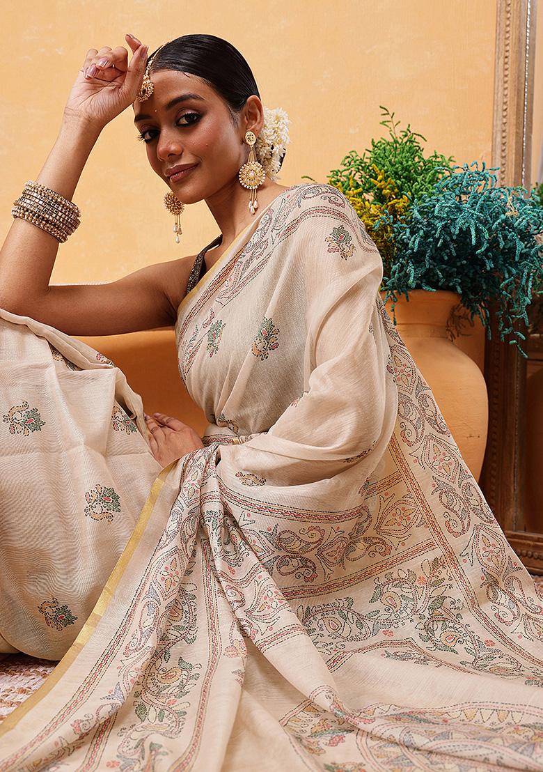 Beige Embroidered Cotton Blend Pre Stitched Saree