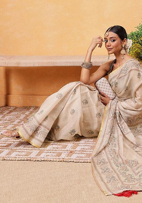 Beige Embroidered Cotton Blend Pre Stitched Saree