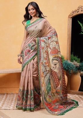 Peach Embroidered Cotton Blend Pre Stitched Saree