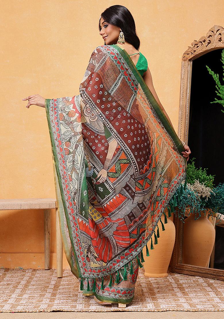 Peach Embroidered Cotton Blend Pre Stitched Saree