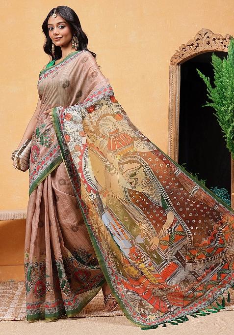 Peach Embroidered Cotton Blend Pre Stitched Saree
