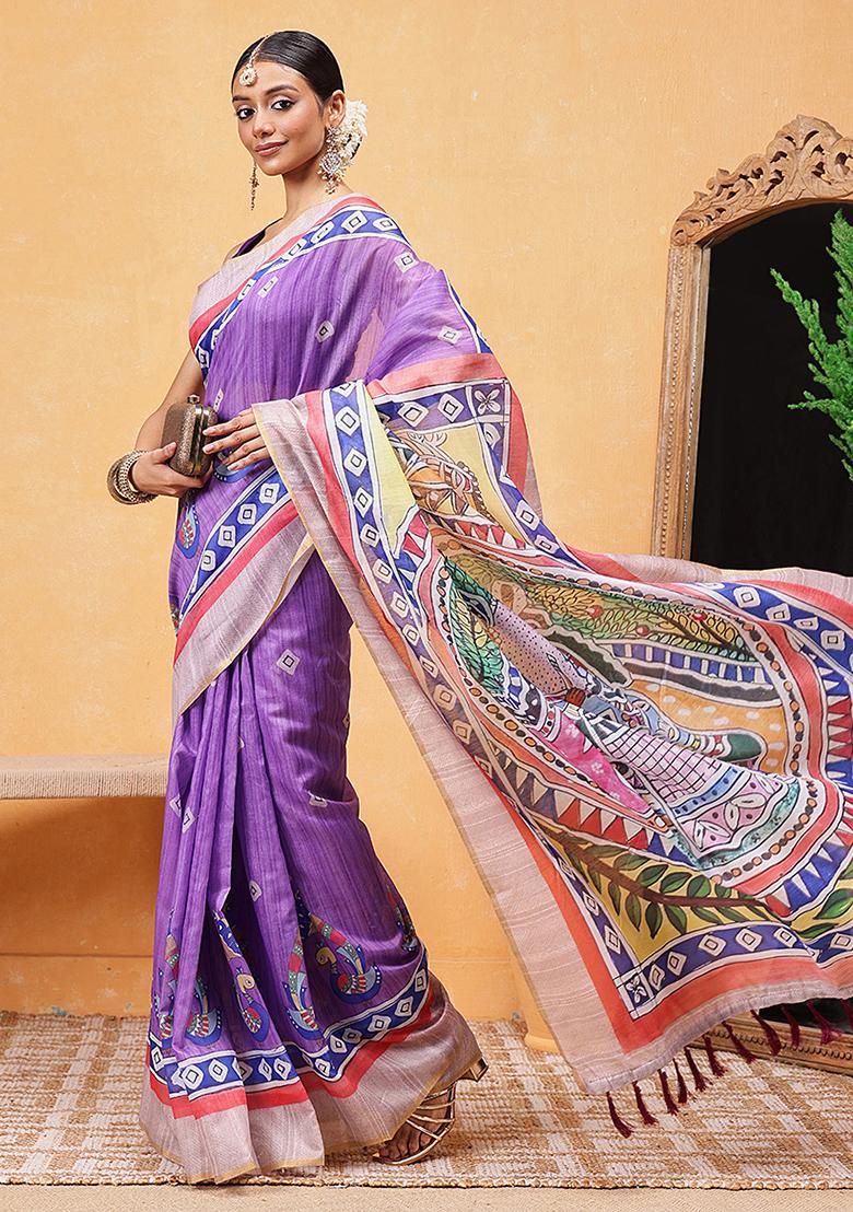 Purple Embroidered Cotton Blend Pre Stitched Saree