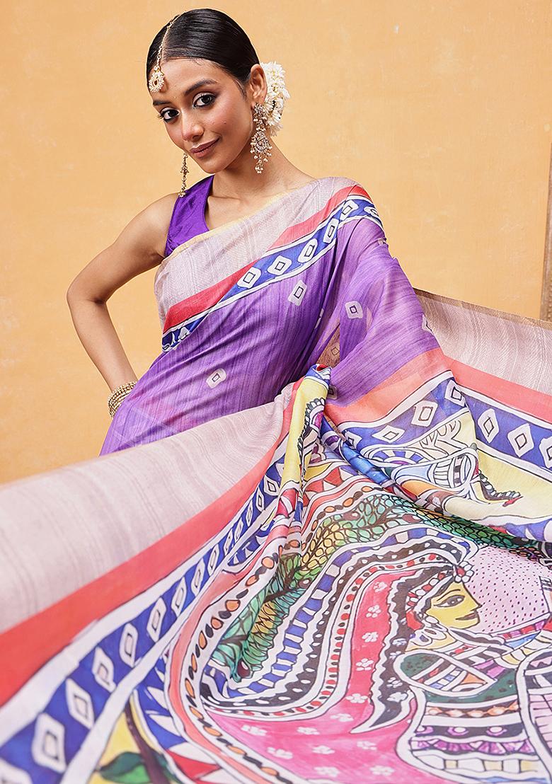 Purple Embroidered Cotton Blend Pre Stitched Saree