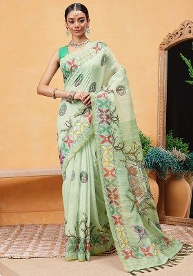Green Embroidered Cotton Blend Pre Stitched Saree