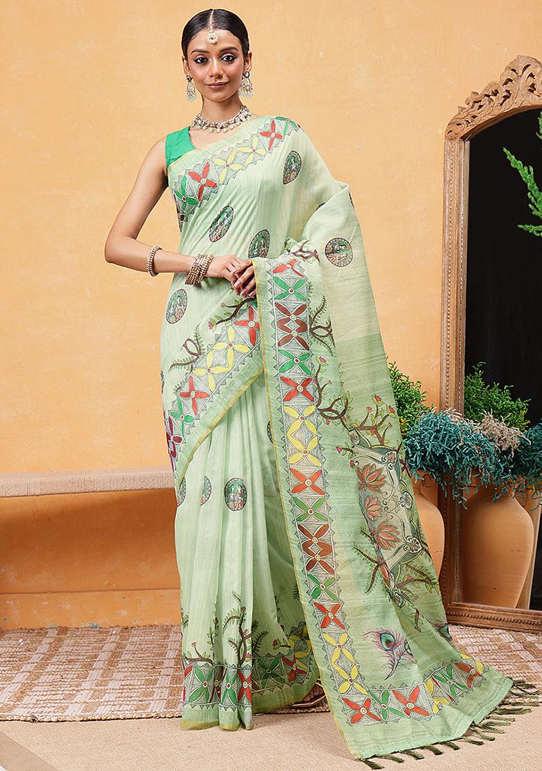 Green Embroidered Cotton Blend Pre Stitched Saree