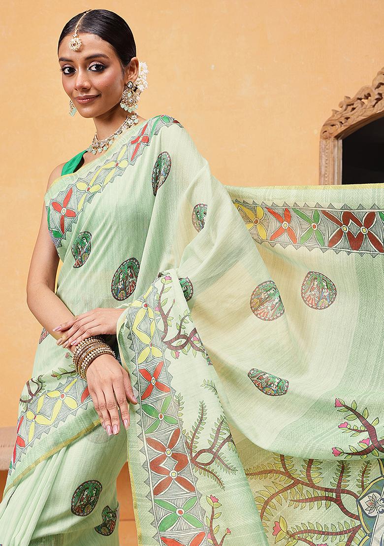 Green Embroidered Cotton Blend Pre Stitched Saree