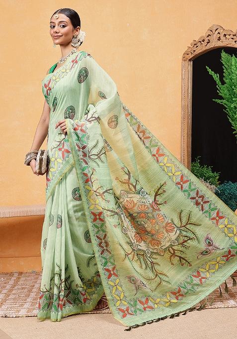 Green Embroidered Cotton Blend Pre Stitched Saree