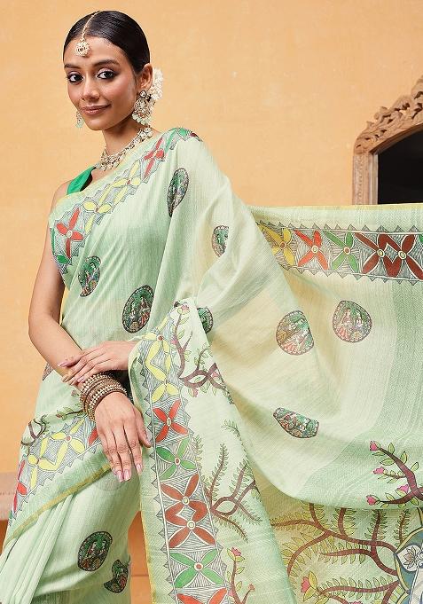 Green Embroidered Cotton Blend Pre Stitched Saree