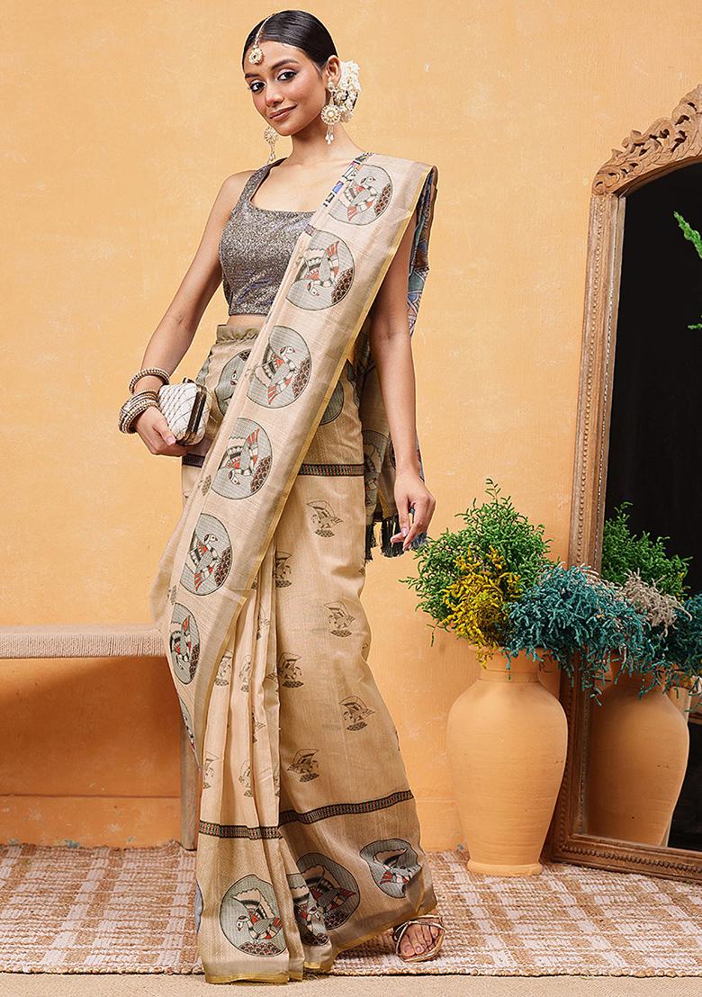 Beige Embroidered Cotton Blend Pre Stitched Saree