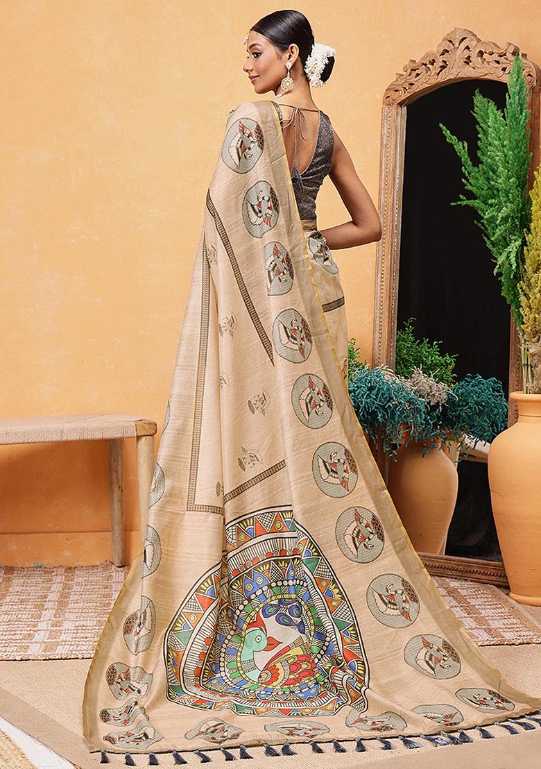 Beige Embroidered Cotton Blend Pre Stitched Saree