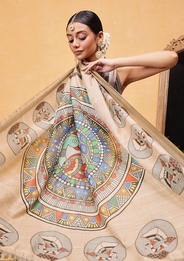 Beige Embroidered Cotton Blend Pre Stitched Saree